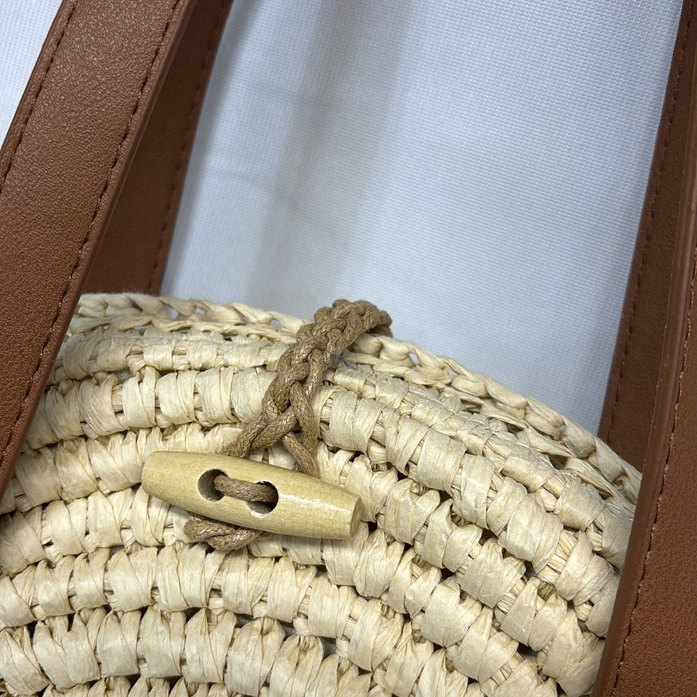 INC Melania Straw Fringe Circle Tote bag boho purse - Picture 3 of 13